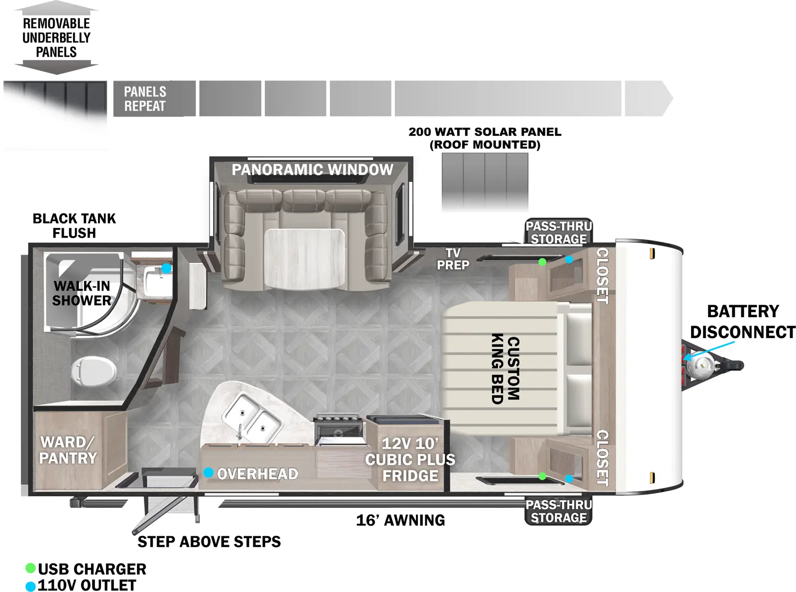 The 2160RBX has one slideout and one entry. Exterior features battery disconnect, 16 foot awning, front pass thru storage, StepAbove entry steps, black tank flush, removable underbelly panels, and roof-mounted 200 W solar panel. Interior layout front to back: foot-facing custom king bed with overhead cabinet and closets on each side and off-door side TV prep; off-door side u-dinette slideout with panoramic window; door side 12V refrigerator, kitchen counter with cooktop and sink, and overhead cabinet; rear off-door side full bathroom with walk-in shower; rear door side entry and wardrobe/pantry.